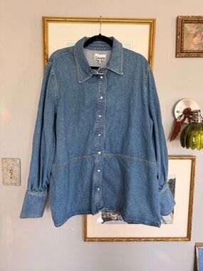 NWT GANNI Long Sleeve Future Denim Shirt in Dark Blue Vintage